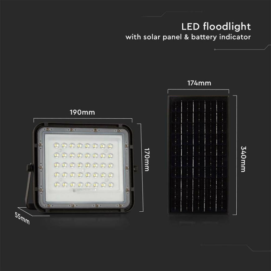 LED Вуличний з регулюванням яскравості прожектор на сонячній батареї LED/10W/3,2V IP65 4000K 6000 mAh чорний + пульт дистанційного керування