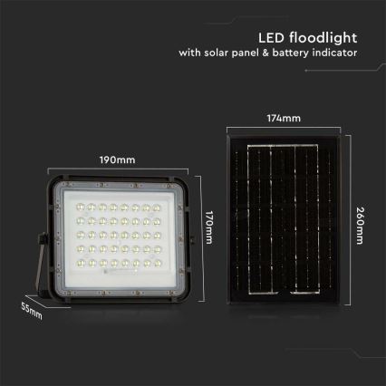 LED Вуличний з регулюванням яскравості прожектор на сонячній батареї LED/6W/3,2V IP65 4000K 5000 mAh чорний + пульт дистанційного керування