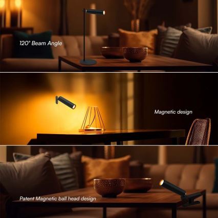LED з регулюванням яскравості магнітна акумуляторна настільна лампа 3в1 LED/3W/5V 4000K 1500 mAh чорний