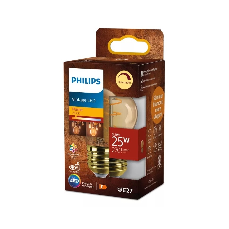 LED затемнювана лампа у вінтажному стилі Philips P45 E27/3,1W/230V 2200K CRI 90