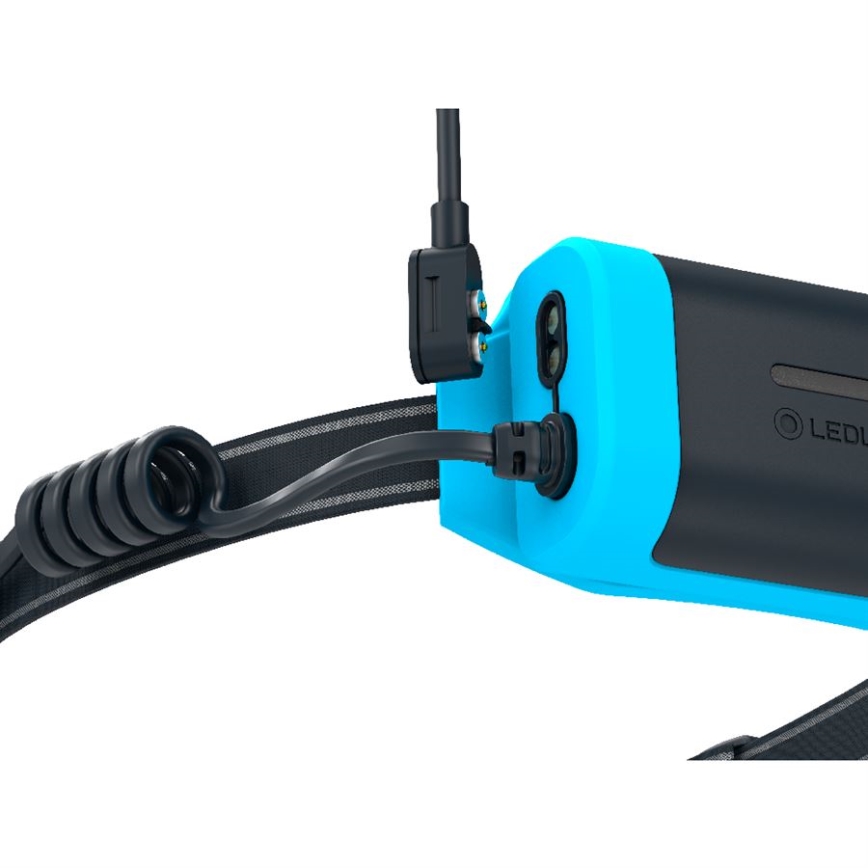 Ledlenser NEO9R - перезаряжаемая светодиодная налобная лампа с регулировкой яркости, аккумулятор 5000 mAh, IP54, 1200 lm, 120 ч, чёрная/синяя