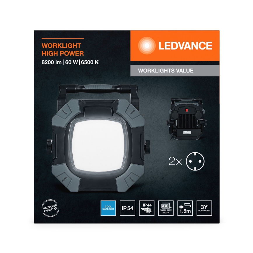 Ledvance - LED Робочий світильник з 2 розетками з регулюванням яскравості WORKLIGHT VALUE LED/60W/230V IP54