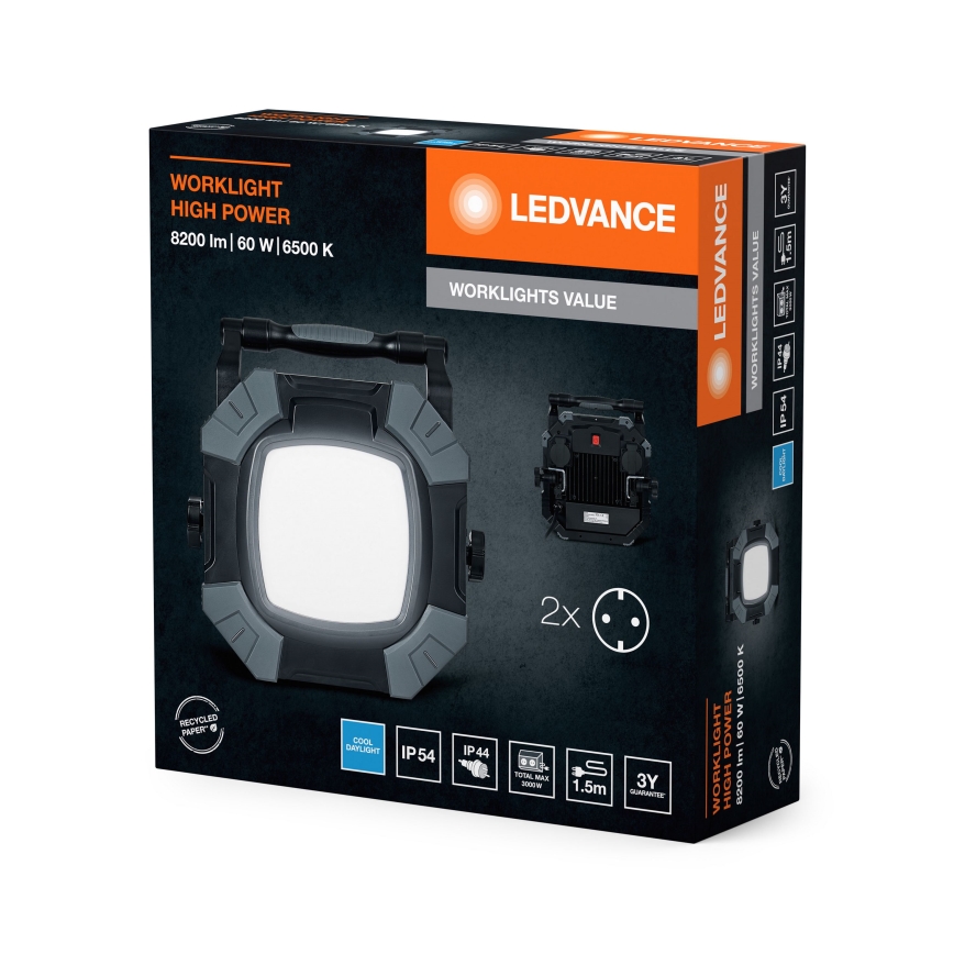 Ledvance - LED Робочий світильник з 2 розетками з регулюванням яскравості WORKLIGHT VALUE LED/60W/230V IP54