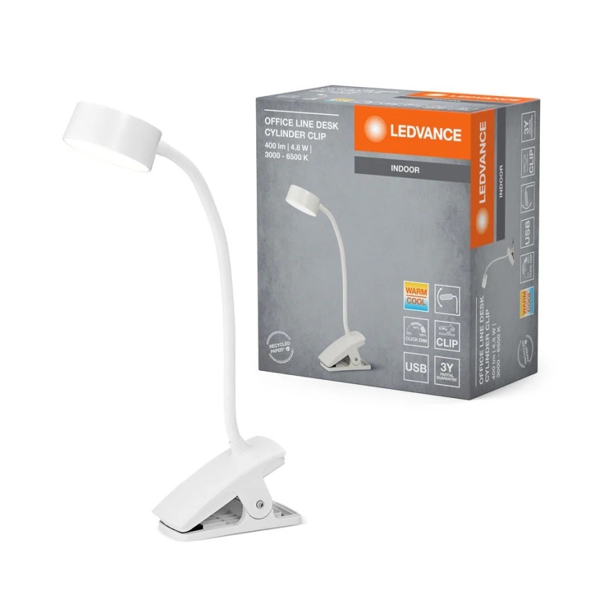 Ledvance - регульована сенсорна настільна лампа з кліпсою CYLINDER LED/4,8W/5V 3000-6500K біла