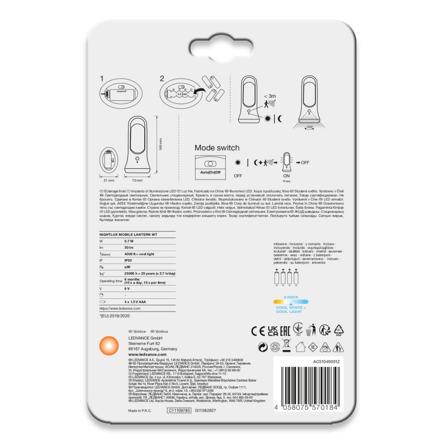 Ledvance - Навігаційний LED світильник з датчиком MOBILE LED/0,7W/4xAAA