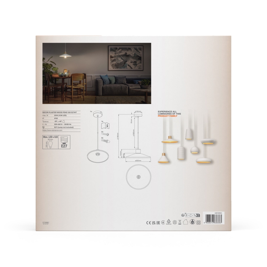 Ledvance - Підвісна люстра DECOR PLASTER 1xE27/25W/230V діаметр 32 см гіпс білий