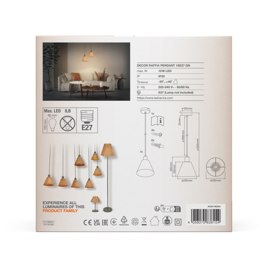 Ledvance - Підвісна люстра DECOR RAFFIA 1xE27/15W/230V рафія