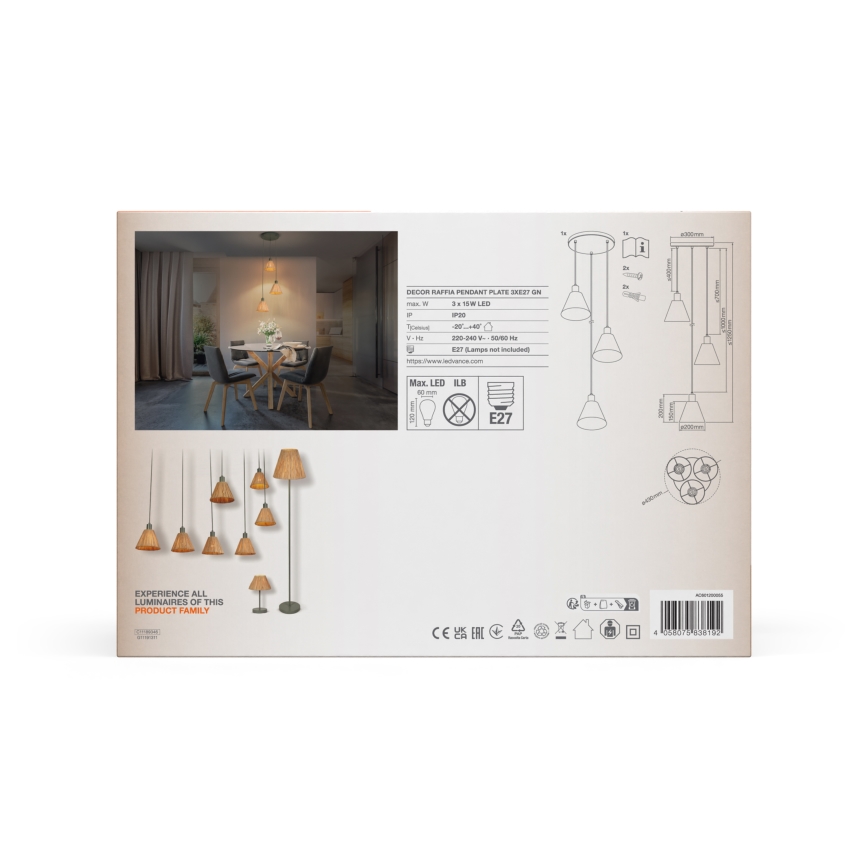 Ledvance - Підвісна люстра DECOR RAFFIA 3xE27/15W/230V рафія