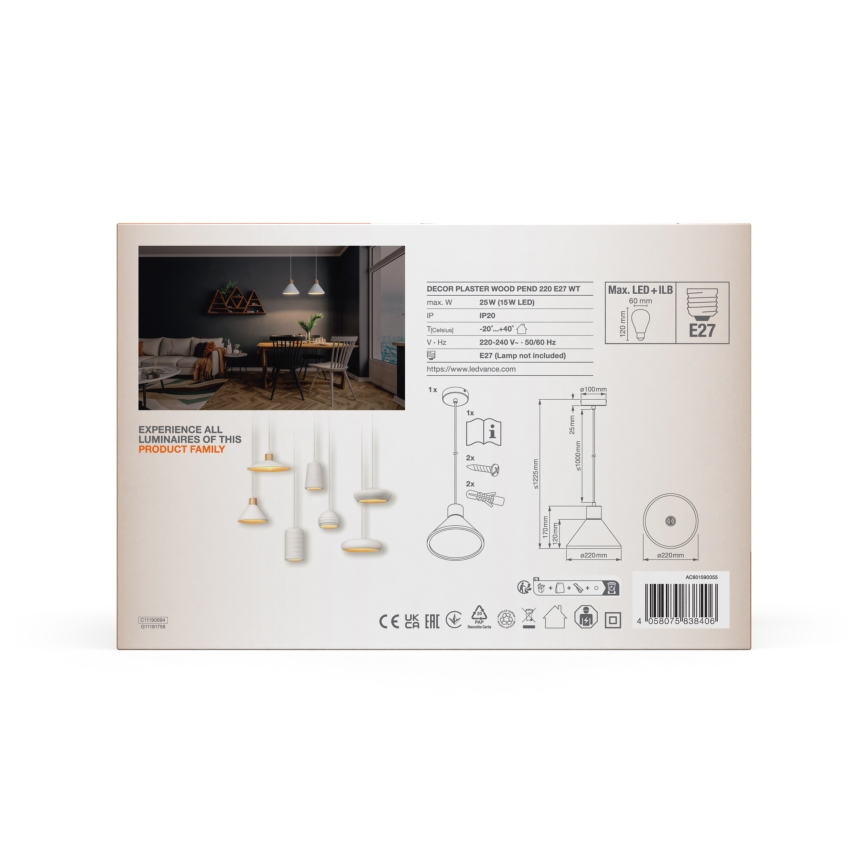 Ledvance - Подвесная люстра DECOR PLASTER 1xE27/25W/230V диаметр 22 см гипс белый