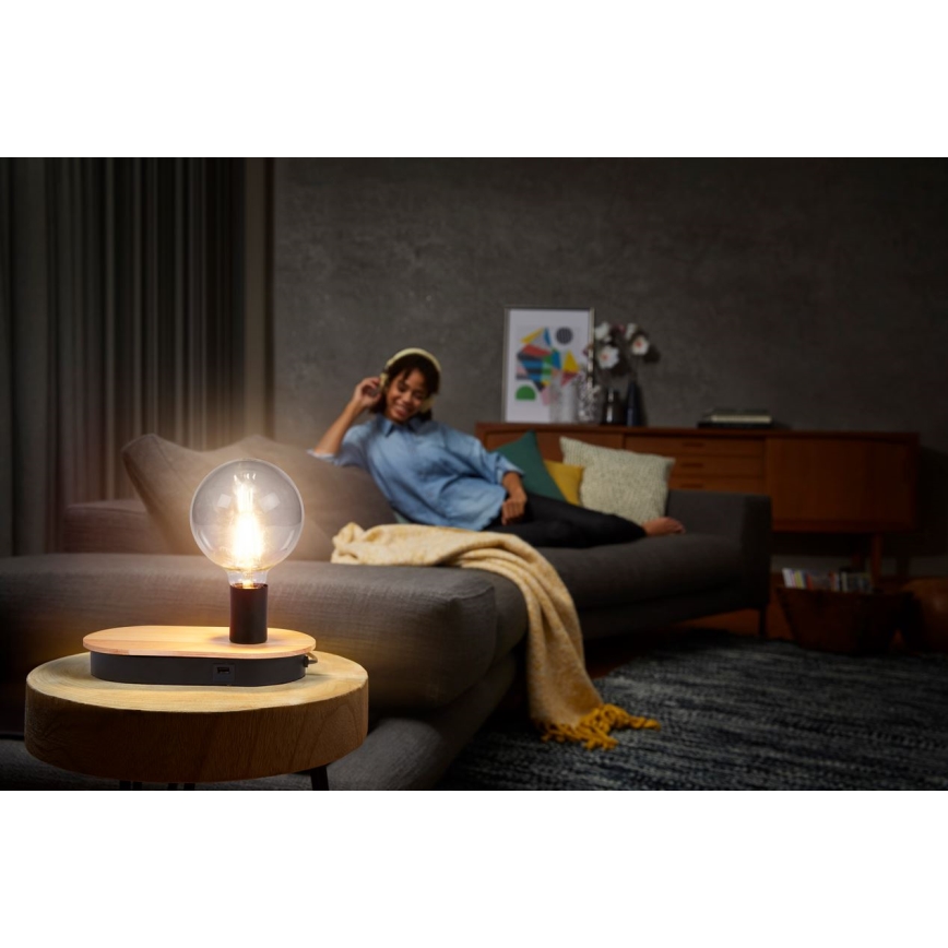 Ledvance - Сенсорна настільна лампа з USB-роз'ємом DECOR WOOD 1xE27/8W/230V каучукове дерево