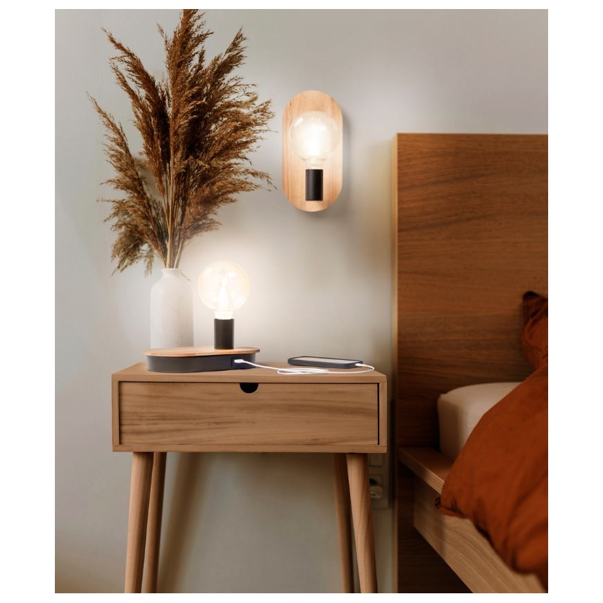 Ledvance - Сенсорна настільна лампа з USB-роз'ємом DECOR WOOD 1xE27/8W/230V каучукове дерево