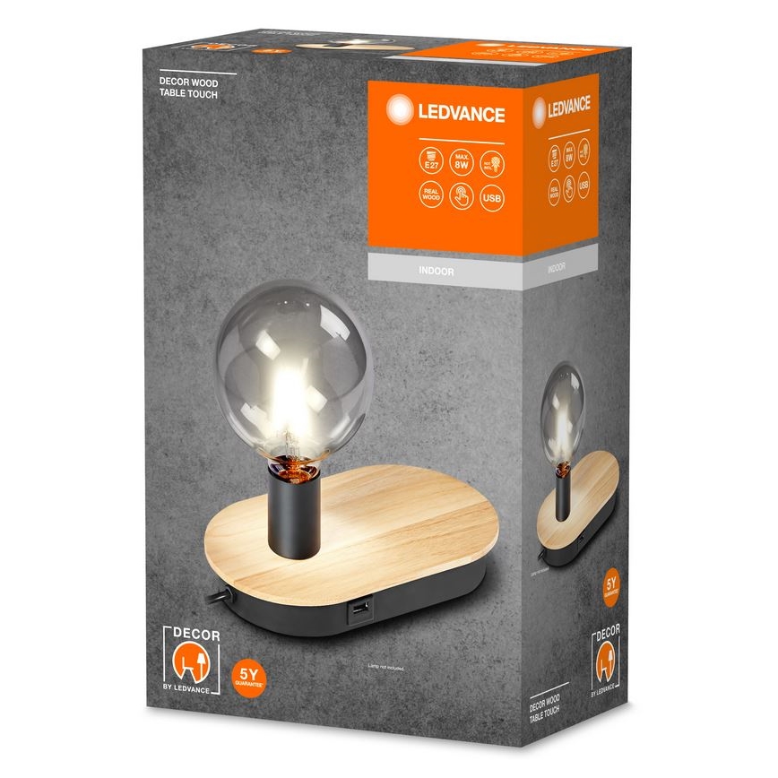 Ledvance - Сенсорна настільна лампа з USB-роз'ємом DECOR WOOD 1xE27/8W/230V каучукове дерево