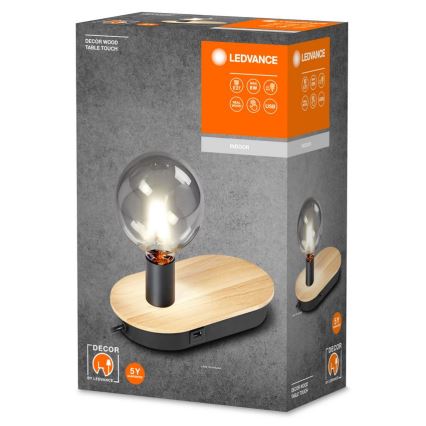 Ledvance - Сенсорная настольная лампа c USB разъемом DECOR WOOD 1xE27/8W/230V
