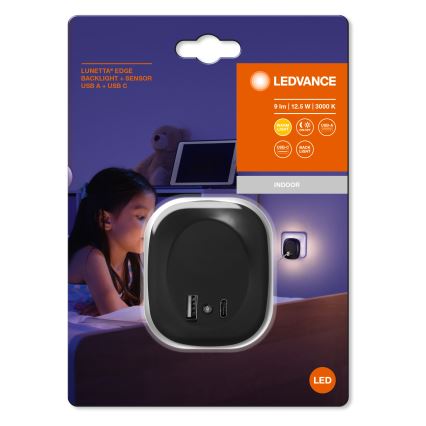 Ledvance - Светодиодный ночник в розетку с датчиком и USB LUNETTA LED/12,5W/230V 3000K черный