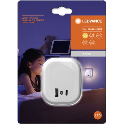 Ledvance - Светодиодный ночник в розетку с датчиком и USB LUNETTA LED/12,5W/230V 3000K белый