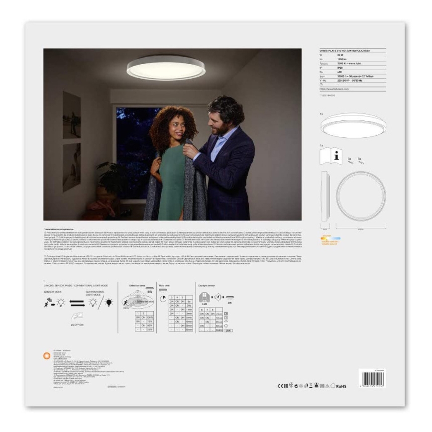 Ledvance - Светодиодный потолочный светильник с датчиком PLATE LED/32W/230V 3000K