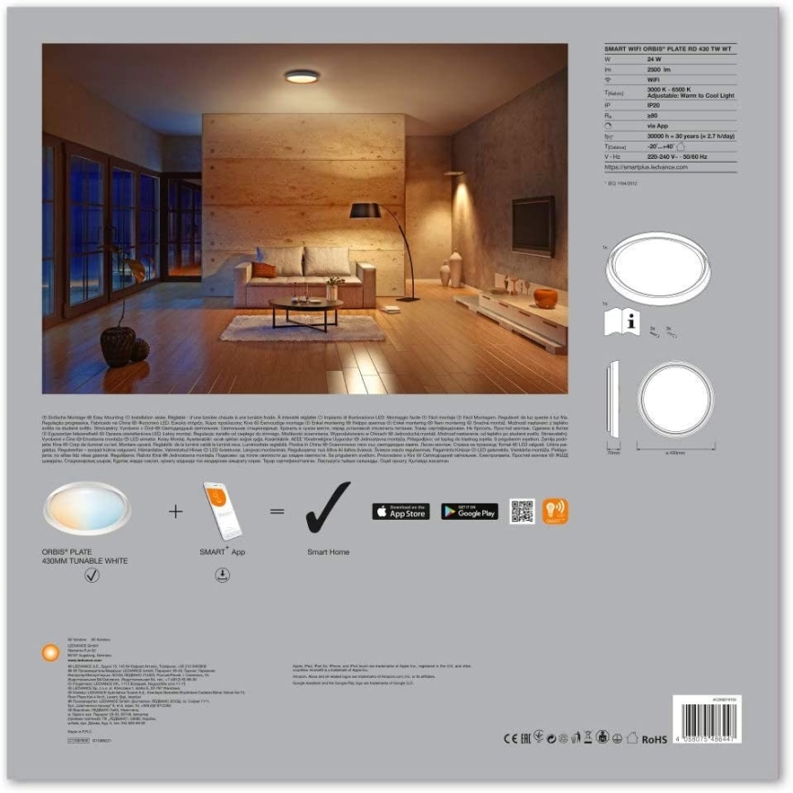 Ledvance - Светодиодный светильник с регулированием яркости SMART+ PLATE LED/24W/230V 3000K-6500K Wi-Fi