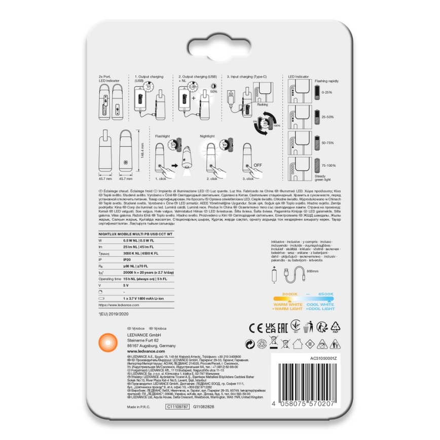 Ledvance - Светодиодный повербанк с функцией фонарика MOBILE LED/0,5W/5V 1800 mAh 2xUSB
