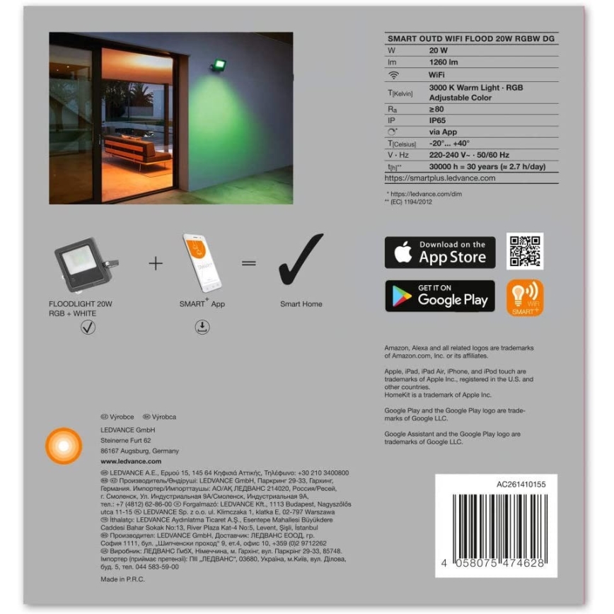 Ledvance - Светодиодный RGBW-прожектор SMART+ FLOOD LED/20W/230V IP65 Wi-Fi