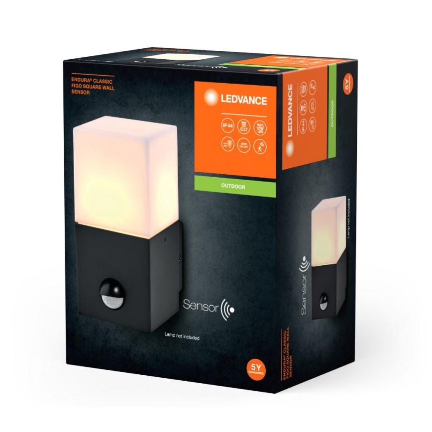 Ledvance - Вуличний настінний світильник з датчиком FIGO SQUARE 1xE27/20W/230V