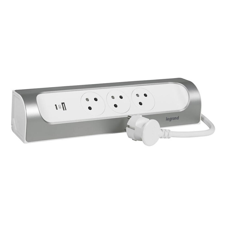 Legrand 049406 - Подовжувач 3 розетки Тип E + USB-A + USB-C 1м срібний/білий