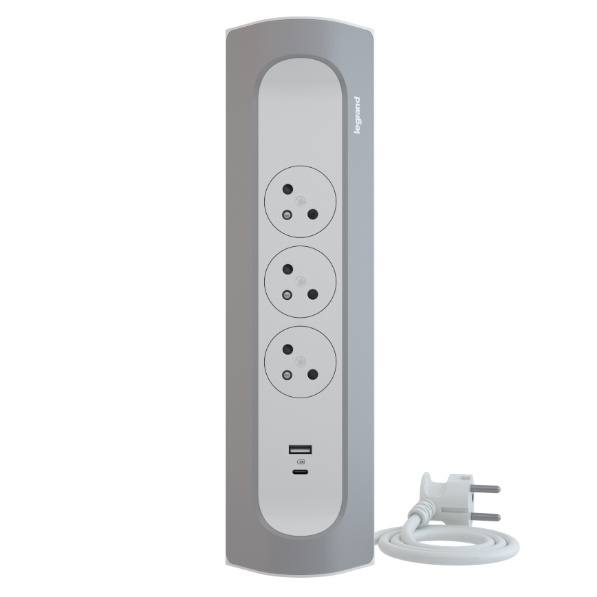 Legrand 049406 - Подовжувач 3 розетки Тип E + USB-A + USB-C 1м срібний/білий