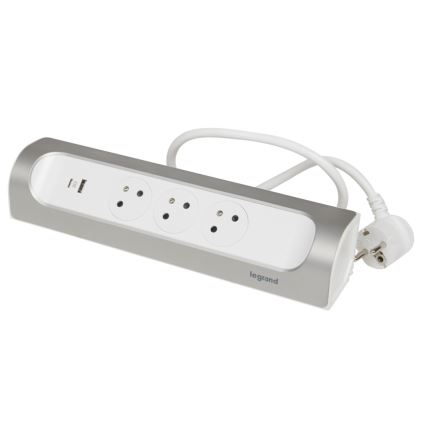 Legrand 049406 - Подовжувач 3 розетки Тип E + USB-A + USB-C 1м срібний/білий