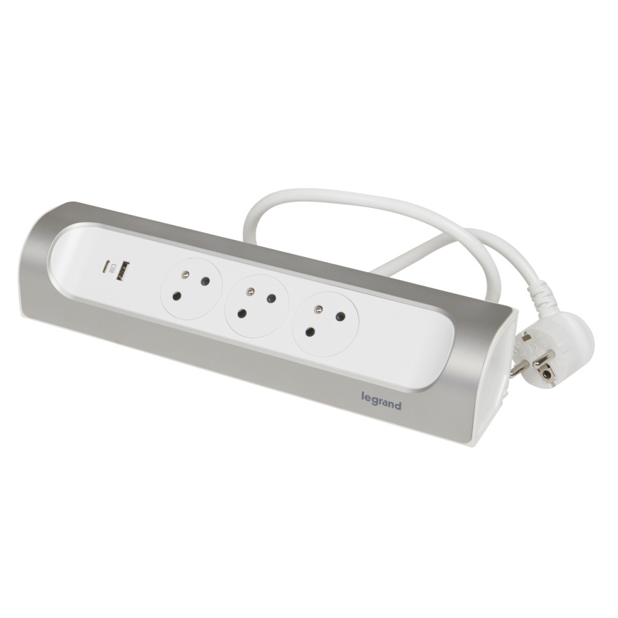Legrand 049406 - Подовжувач 3 розетки Тип E + USB-A + USB-C 1м срібний/білий