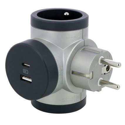 Legrand 049439 - Розетка-розгалужувач поворотна 2Z Тип E, F + USB-A + USB-C срібний/чорний