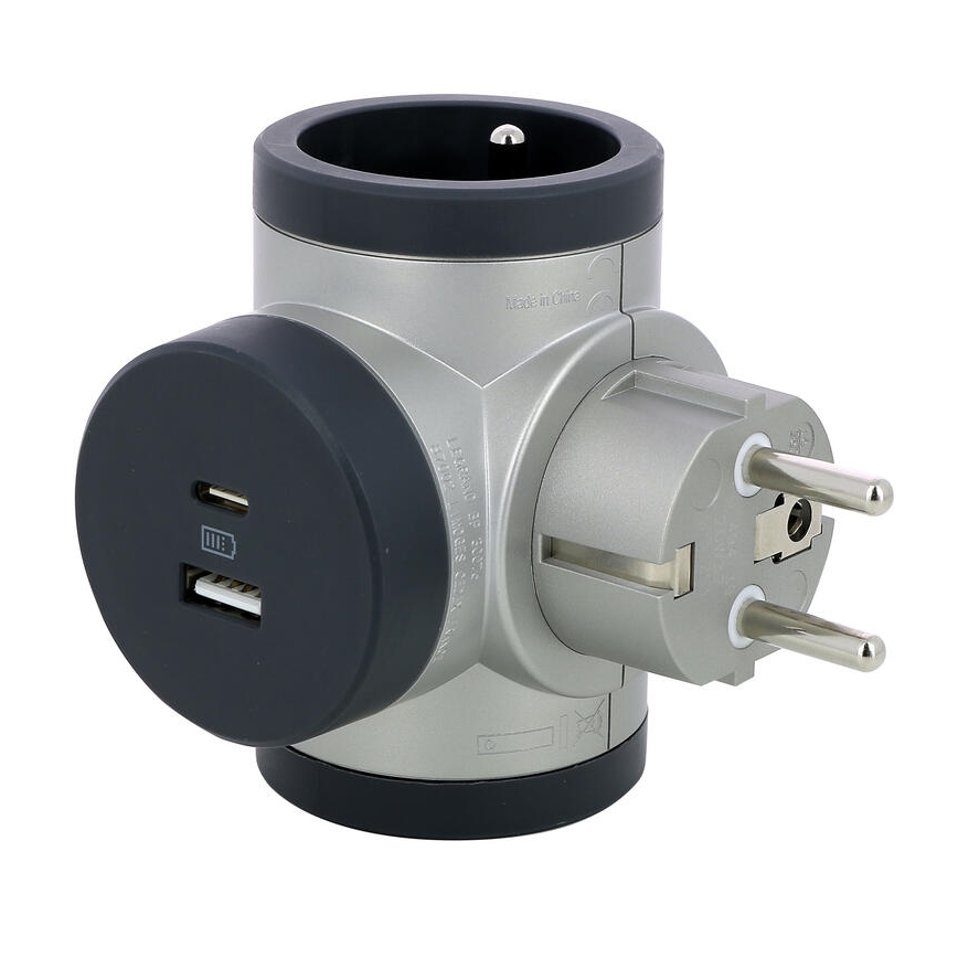 Legrand 049439 - Розетка-розгалужувач поворотна 2Z Тип E, F + USB-A + USB-C срібний/чорний