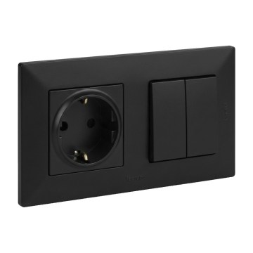 Legrand - Подвійний сходовий вимикач 6+6 і побутова розетка SCHUKO з рамкою NILOE STEP 250V чорна