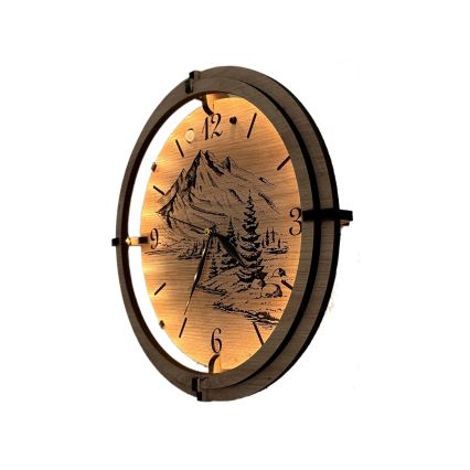 Li-Go 23697/DUB/BAT2 - LED-часы с регулировкой яркости и датчиком движения, LED/10 Вт/5 В, 20000 мА·ч + 1×AA, Ø 32 см, дуб/Горы