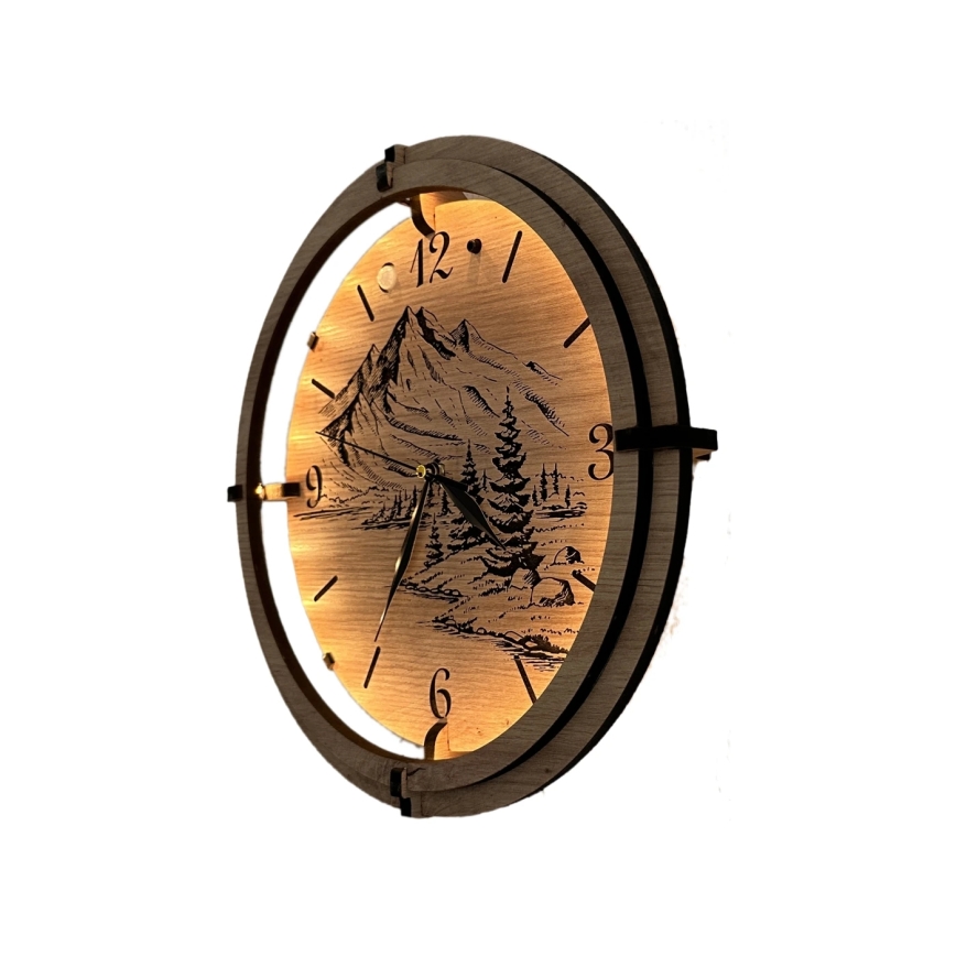 Li-Go 23697/DUB/BAT2 - світлодіодний годинник із регулюванням яскравості та датчиком руху LED/10W/5V 20000 mAh + 1xAA, діаметр 32 см, дуб/Гори