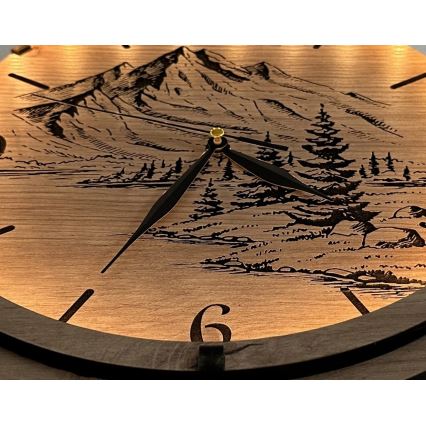 Li-Go 23697/DUB/BAT2 - світлодіодний годинник із регулюванням яскравості та датчиком руху LED/10W/5V 20000 mAh + 1xAA, діаметр 32 см, дуб/Гори