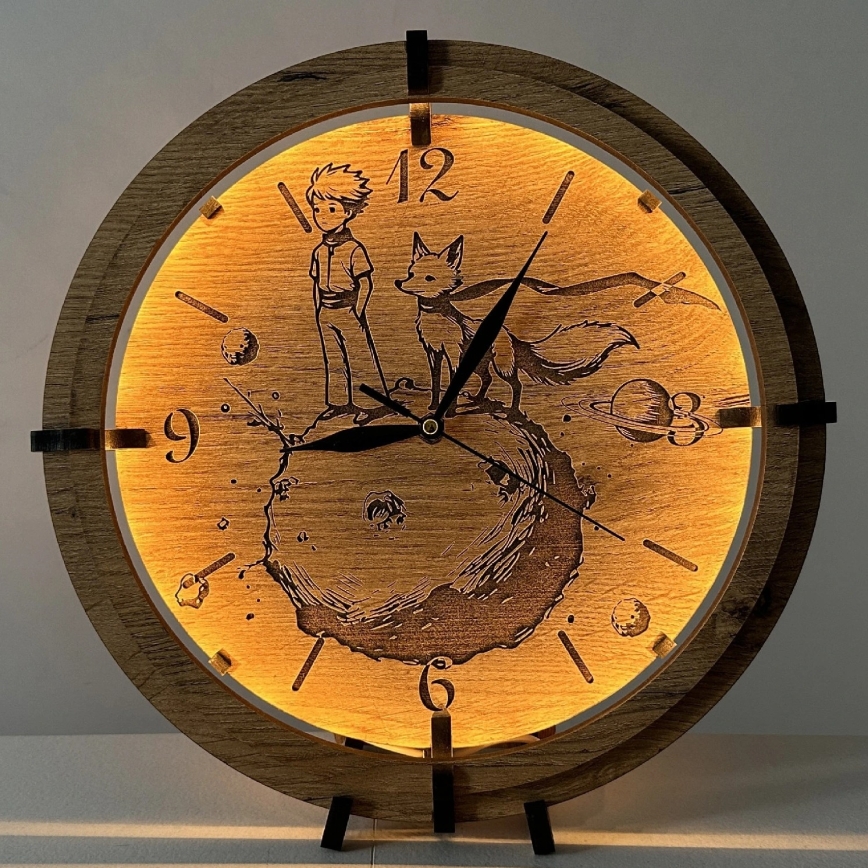 Li-Go 23712/DUB/BAT2 - LED-часы с регулируемой яркостью и датчиком движения, LED/10W/5V, 20000 mAh + 1xAA, диам. 32 см, дуб/Маленький принц