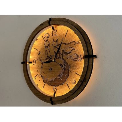 Li-Go 23712/DUB/BAT2 - LED-годинник зі датчиком руху та регульованою яскравістю LED/10W/5V 20000 mAh + 1xAA діам. 32 см дуб/Маленький принц