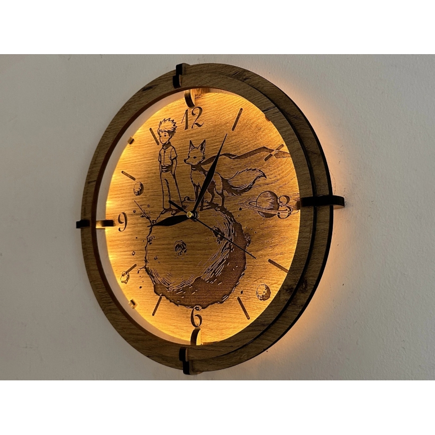 Li-Go 23712/DUB/BAT2 - LED-годинник зі датчиком руху та регульованою яскравістю LED/10W/5V 20000 mAh + 1xAA діам. 32 см дуб/Маленький принц