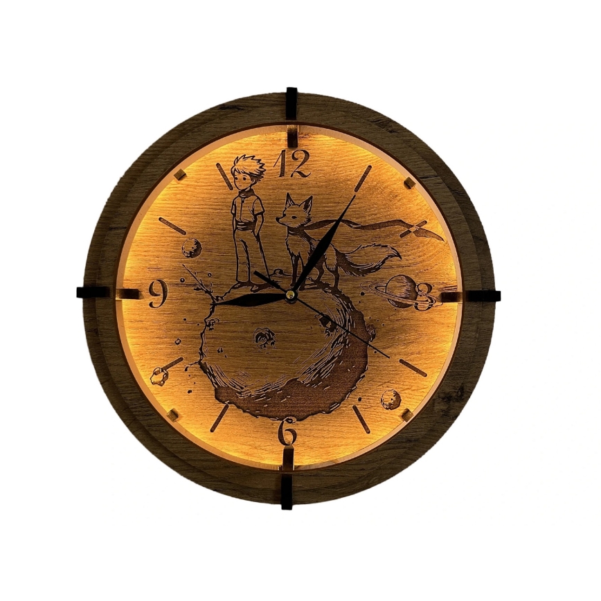 Li-Go 23712/DUB/BAT2 - LED-годинник зі датчиком руху та регульованою яскравістю LED/10W/5V 20000 mAh + 1xAA діам. 32 см дуб/Маленький принц