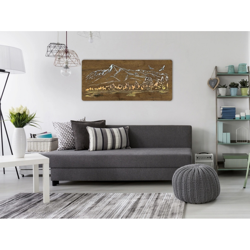 Li-Go 5589/A/DUB2 - LED настінна декоративна панель з регулюванням яскравості LED/10 Вт/5 В 30000 мА·год 110x50 см дуб/гори з птахами