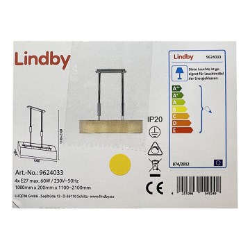 Lindby - Підвісна люстра з регулюванням яскравості MARIAT 4xE27/60W/230V