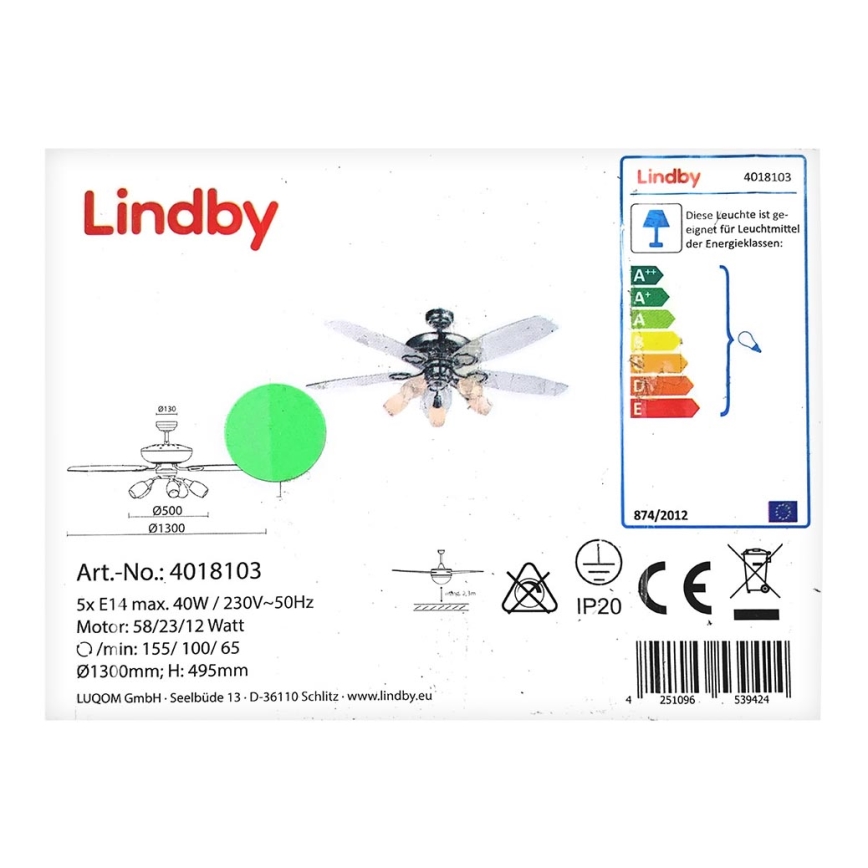 Lindby - Потолочный вентилятор со светильником CEDRIK 5xE14/40W/230V
