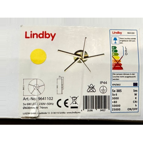 Lindby - Пристельова LED люстра для ванної кімнати PATRIK 5xLED/6,7W/230 IP44