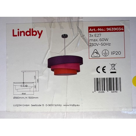 Lindby - Подвесная люстра MELIA 3xE27/60W/230V