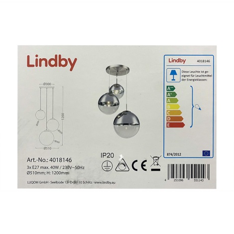 Lindby - Подвесная люстра RAVENA 3xE27/40W/230V