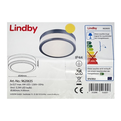 Lindby - Потолочный светильник для ванной комнаты FLAVI 2xE27/15W/230V IP44 блестящий хром