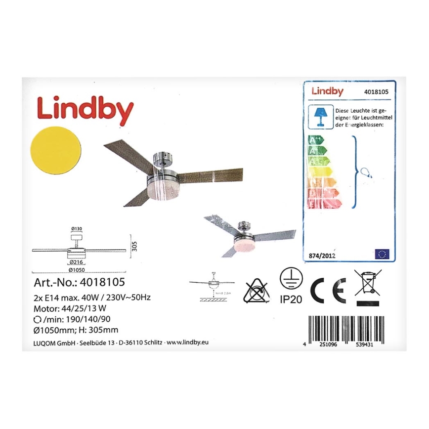 Lindby - Потолочный вентилятор ALVIN 2xE14/40W/230V + дистанционное управление