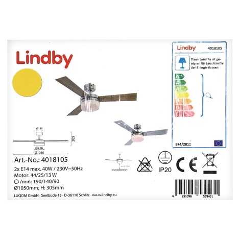 Lindby - Стельовий вентилятор ALVIN 2xE14/40W/230V + пульт дистанційного керування