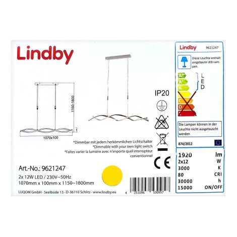 Lindby - Светодиодная подвесная люстра с регулированием яркости AURON 2xLED/12W/230V