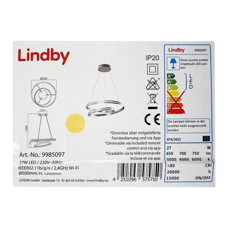 Lindby - Светодиодная подвесная люстра с регулированием яркости SMART VERIO LED/27W/230V 3000/4000/6000K + пульт ДУ