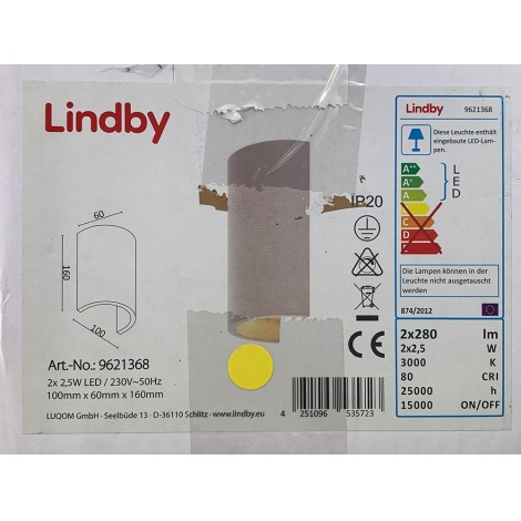 Lindby - Светодиодный настенный светильник JENKE 2xLED/2,5W/230V гипс